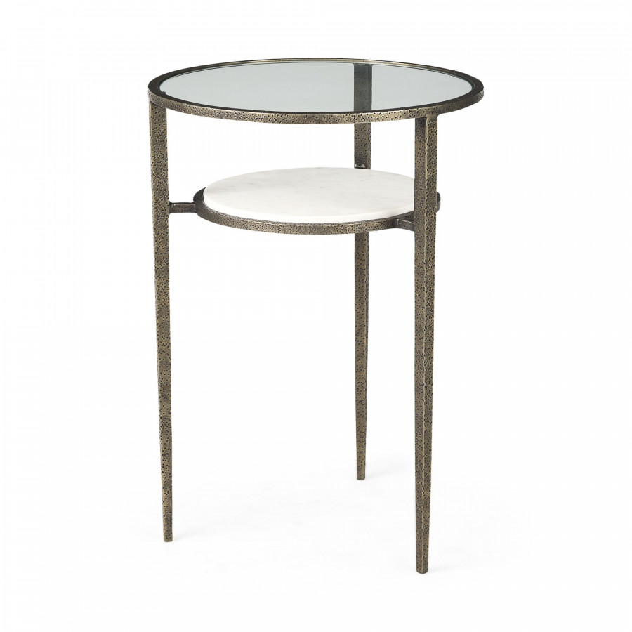 Mercana - Felicity Glass Top with White Marble Shelf and Antique Gold Base End/Side Table