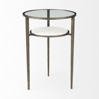 Mercana - Felicity Glass Top with White Marble Shelf and Antique Gold Base End/Side Table