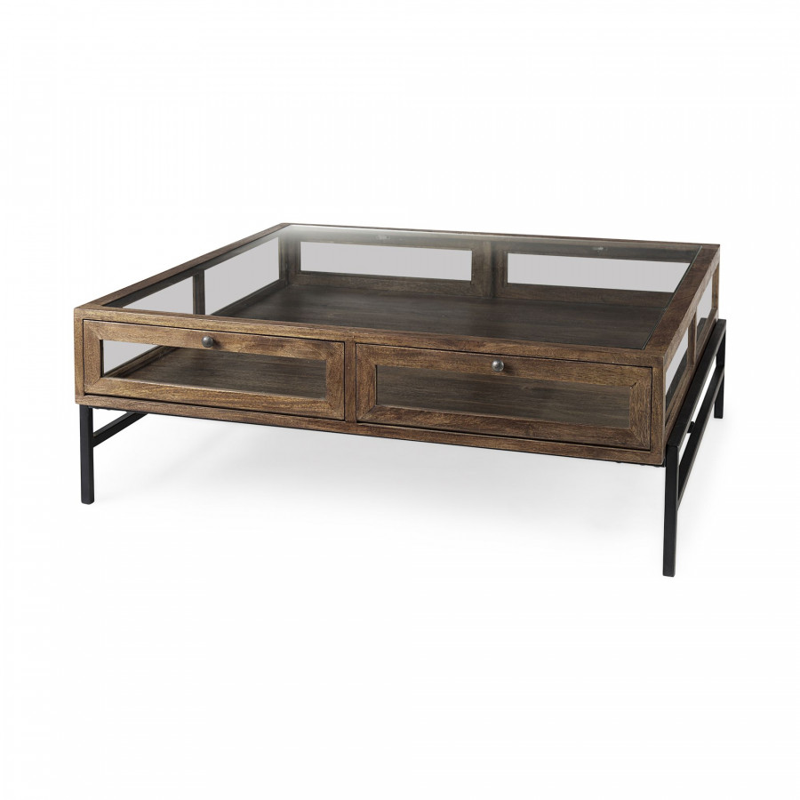 Mercana Arelius Square Coffee Table with Black Metal Base - Brown