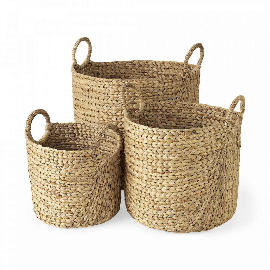 Mercana - Sivan Light Brown Water Hyacinth Round Basket/Handles (Set of 3)