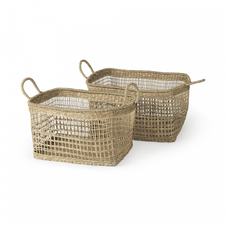 Mercana - Bellisa Medium Brown Seagrass Rectangular Basket/Handles (Set of 2)