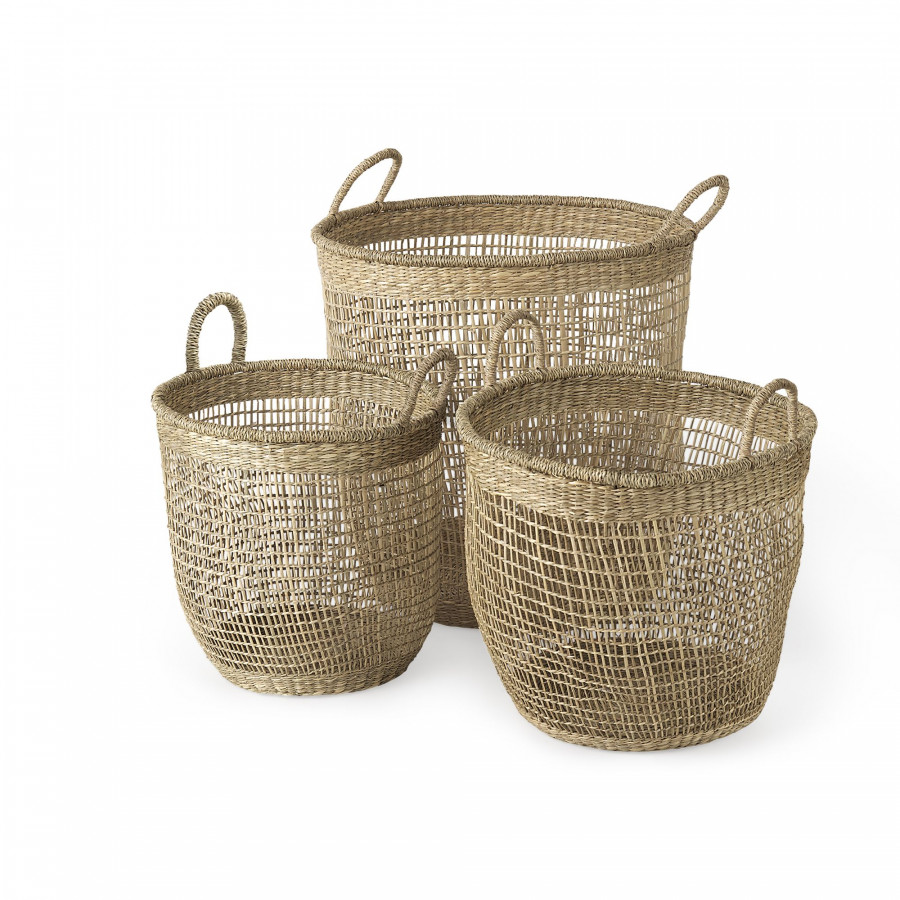 Mercana - Bowie Medium Brown Seagrass Round Basket/Handles (Set of 3)