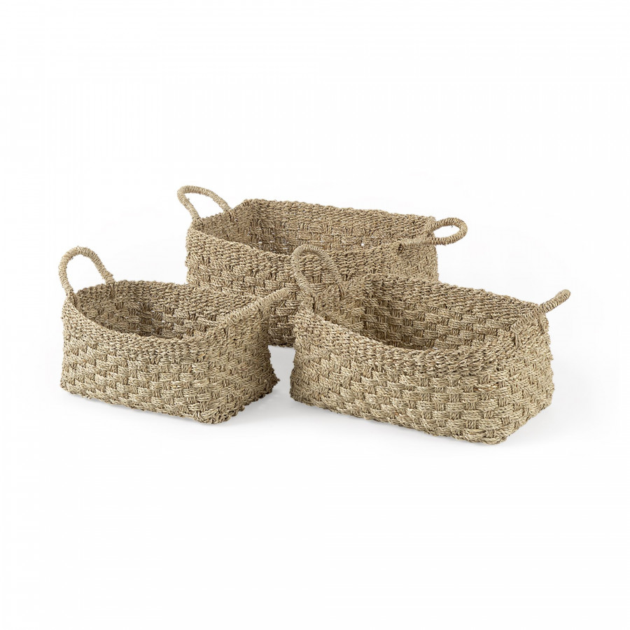 Mercana - Emra Light Brown Seagrass Rectangular Basket/Handles (Set of 3)