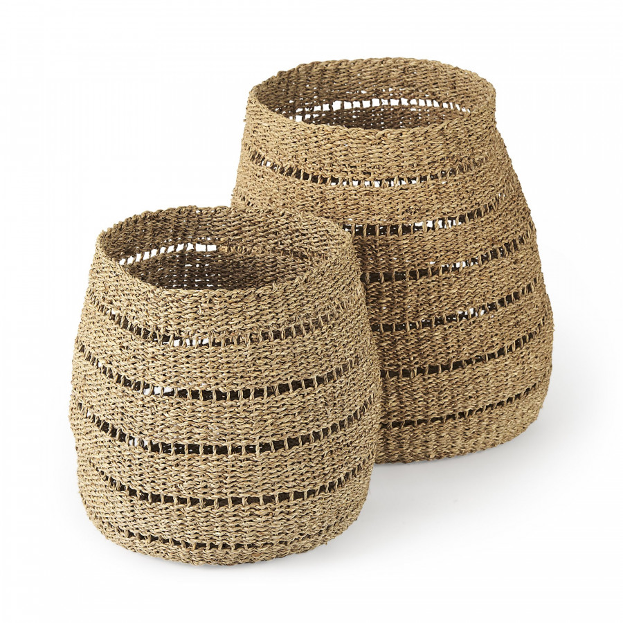 Mercana - Hayes Medium Brown Seagrass Round Basket with Stripe Pattern (Set of 2)