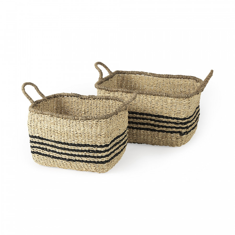 Mercana - Emma Light Brown Seagrass Rectangular Basket/Black Stripes (Set of 2)