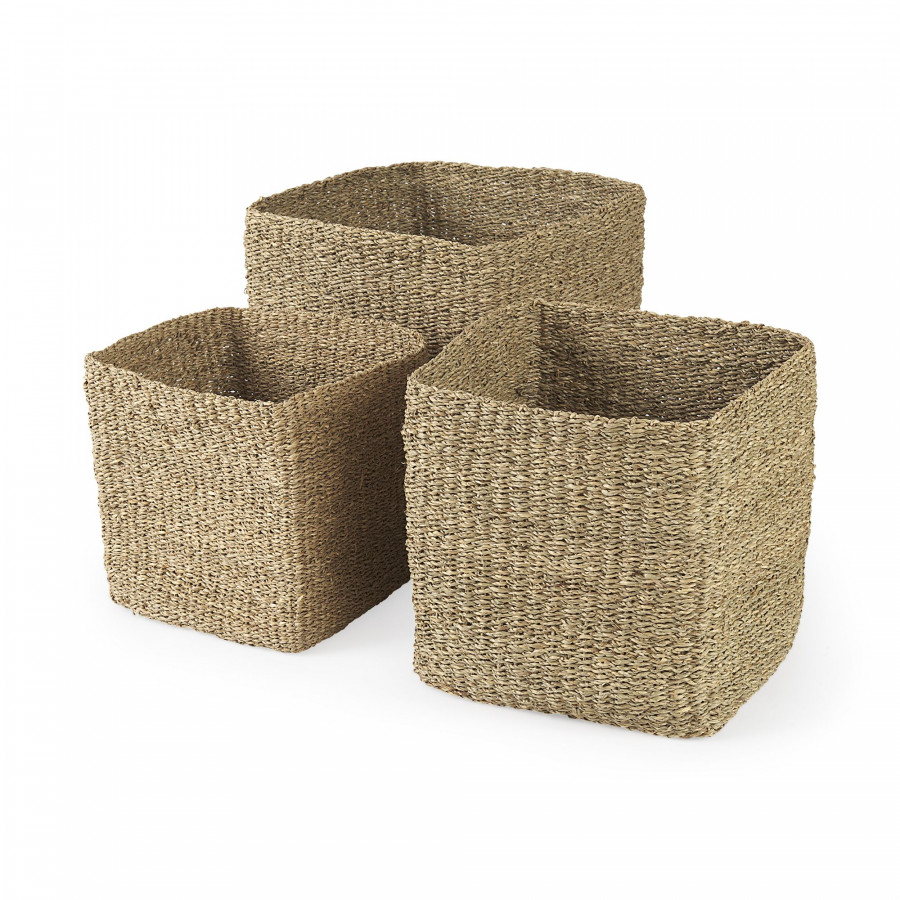 Mercana - Copenhagen Medium Brown Square Twisted Seagrass Square Basket (Set of 3)