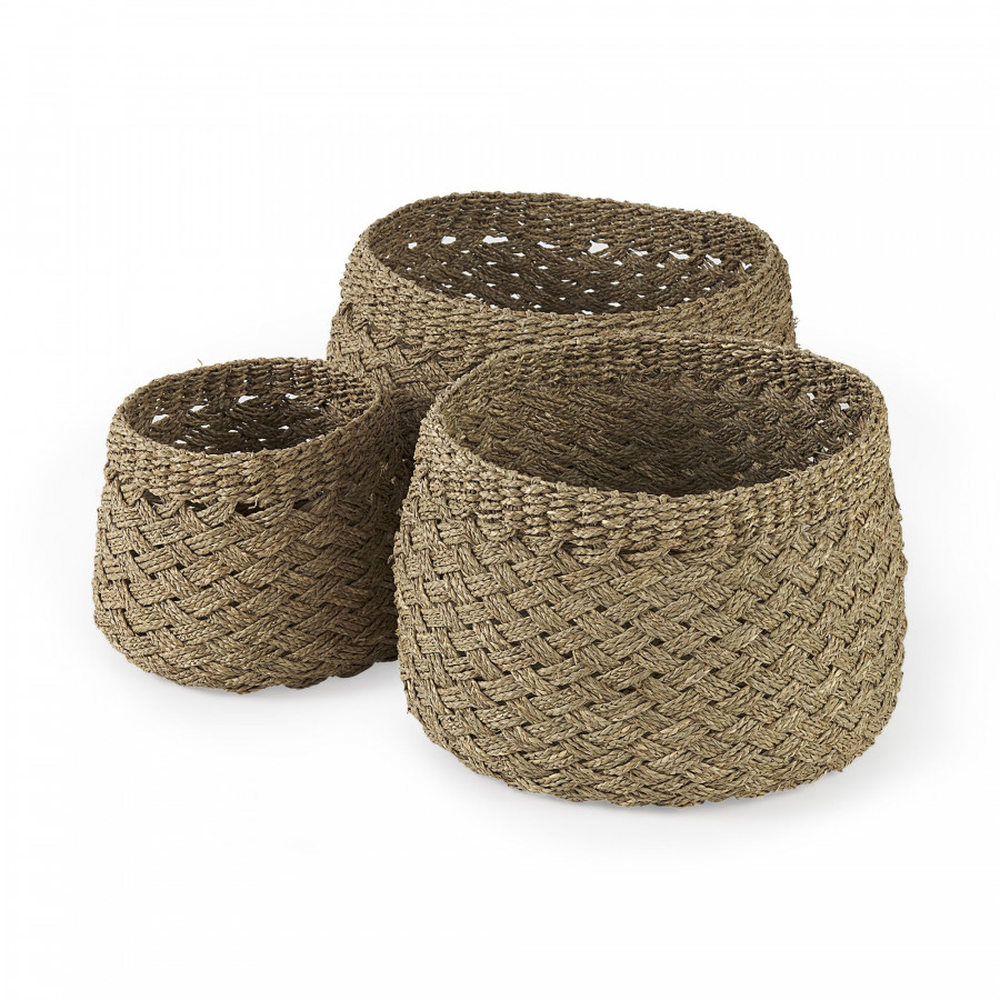 Mercana - Jarek Medium Brown Seagrass Basket Cross Weave Round Basket (Set of 3)