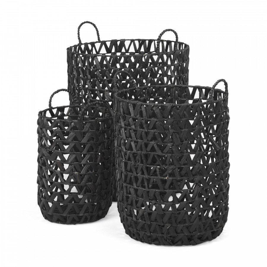 Mercana - Lola Black Water Hyacinth Zig Zag Weave Round Basket/Handles (Set of 3)