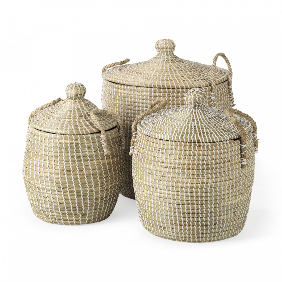 Mercana - Olivia Beige Seagrass Basket with Lid and Handles (Set of 3)