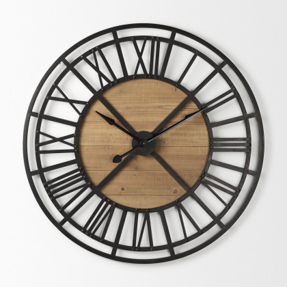 Mercana Lewiston 42" Iron/Wood Round Wall Clock - Black/Brown