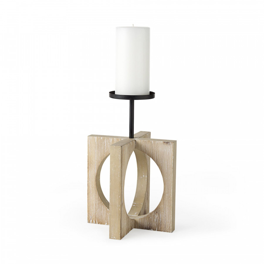 Mercana Cambie Light Brown Wood with Black Metal Large Candle Holder