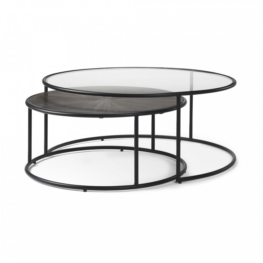 Mercana - Arlo Brown Wood and Glass with Black Metal Coffee Tables (Set of 2)