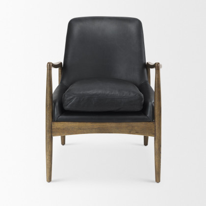 Mercana Westan Genuine Accent Chair with Medium Brown Wood Legs - Black, Leather