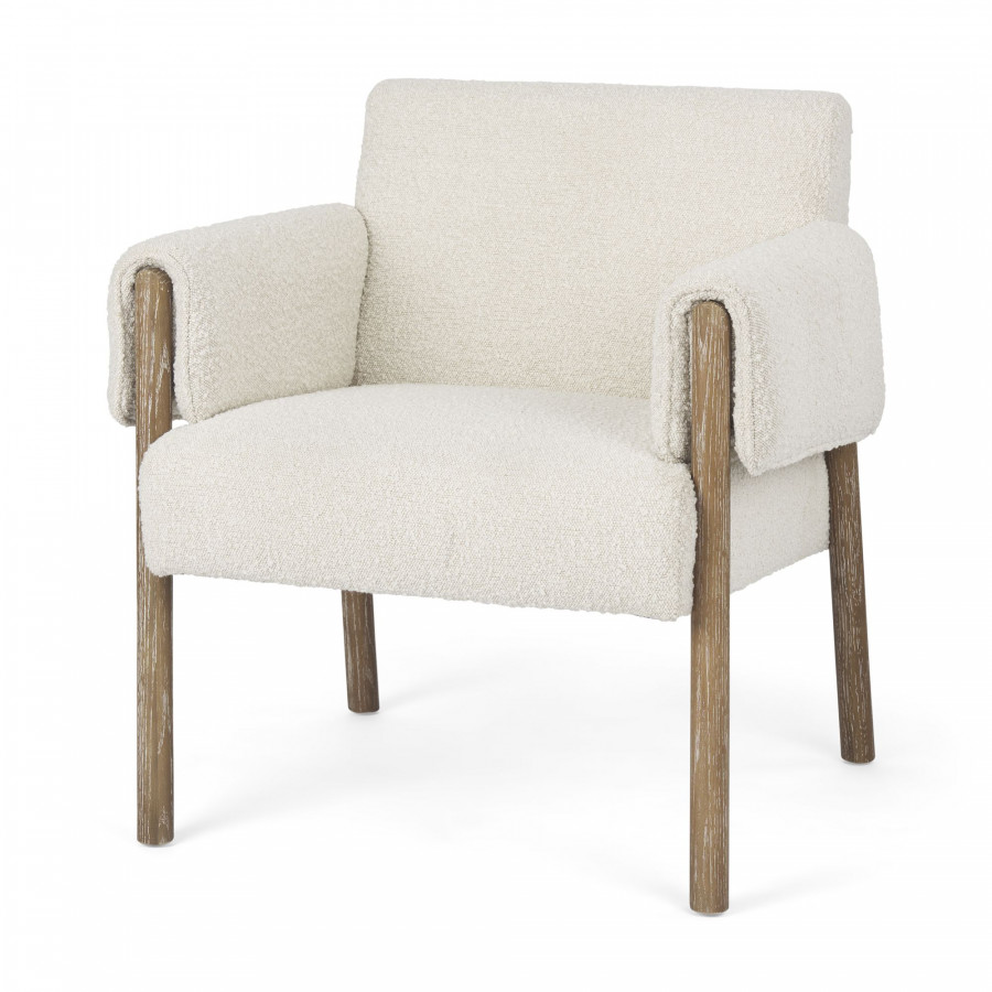 Mercana Ashton Accent Chair with Brown Wood Legs - Cream/Brown, Boucle Fabric