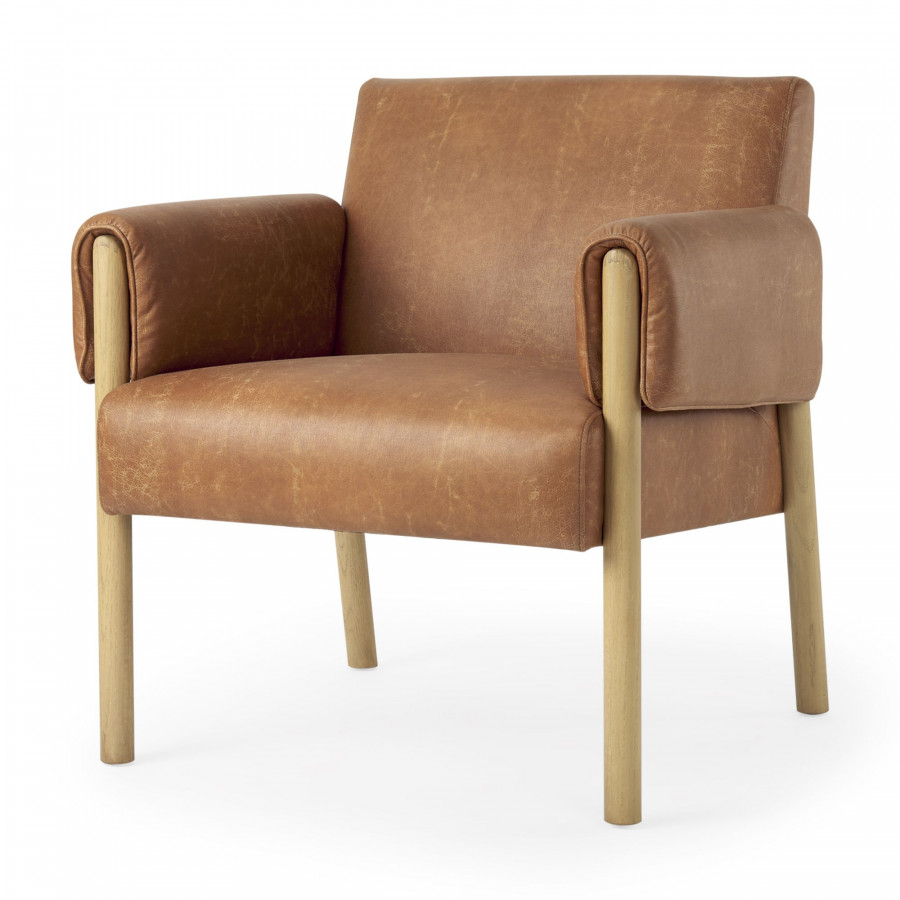 Mercana Ashton Accent Chair with Light Wood Legs - Brown, Faux Leather