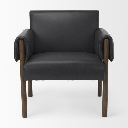 Mercana Ashton Accent Chair with Dark Brown Wood Legs - Black, Faux Leather