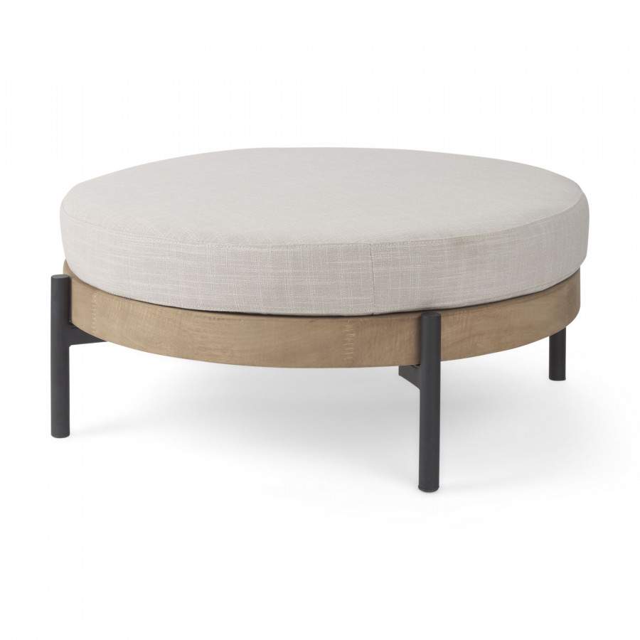 Mercana - Colburne Cream Fabric with Brown Wood Round Ottoman