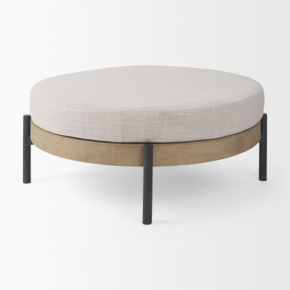 Mercana - Colburne Cream Fabric with Brown Wood Round Ottoman