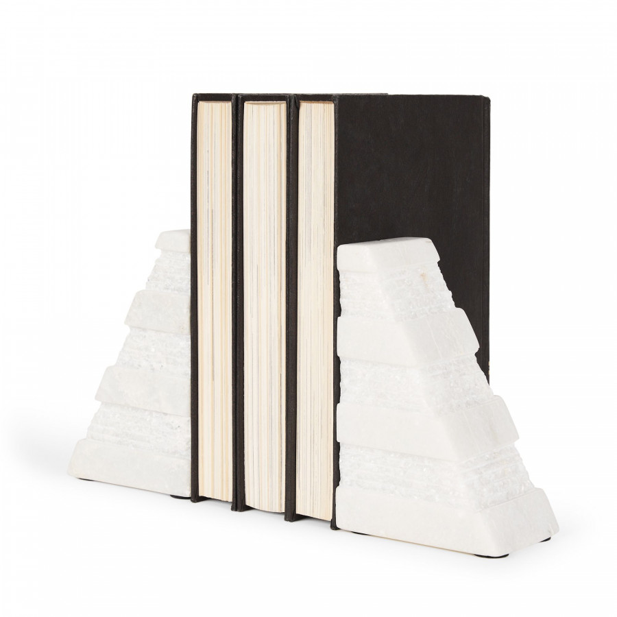 Mercana - Cavetto White Marble Bookends with Rough Carving (Set of 2)