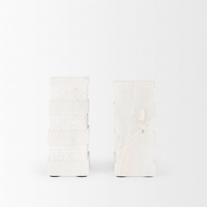 Mercana - Cavetto White Marble Bookends with Rough Carving (Set of 2)