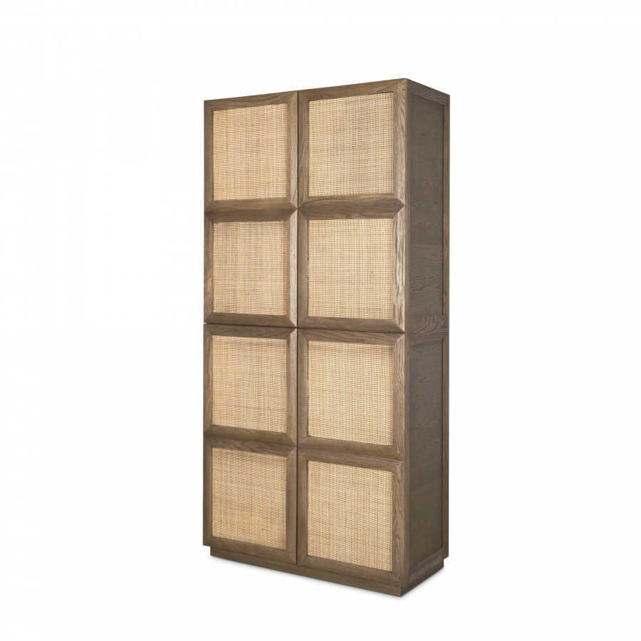 Mercana - Sina Brown Oak Wood with Natural Rattan 2 Door Curio Cabinet