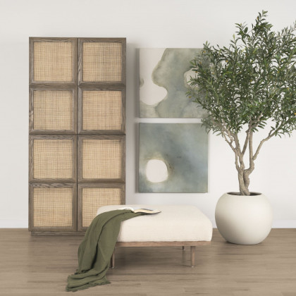 Mercana - Sina Brown Oak Wood with Natural Rattan 2 Door Curio Cabinet