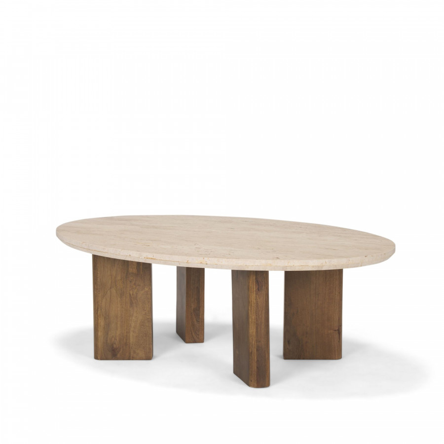 Mercana - Syona Travertine and Mango Wood leg Oval Coffee table