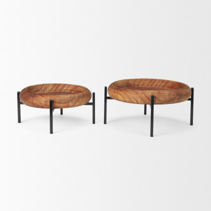 Mercana - Wally Round Medium Brown Wood with Matte Black Metal Stand Trays