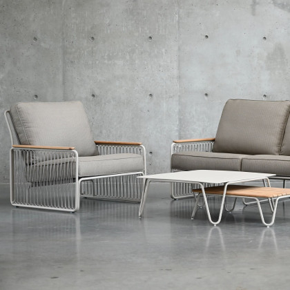 Mobital - Lucerne Lounge Chair in Sandhill Sunproof Fabric, Teak Armrest