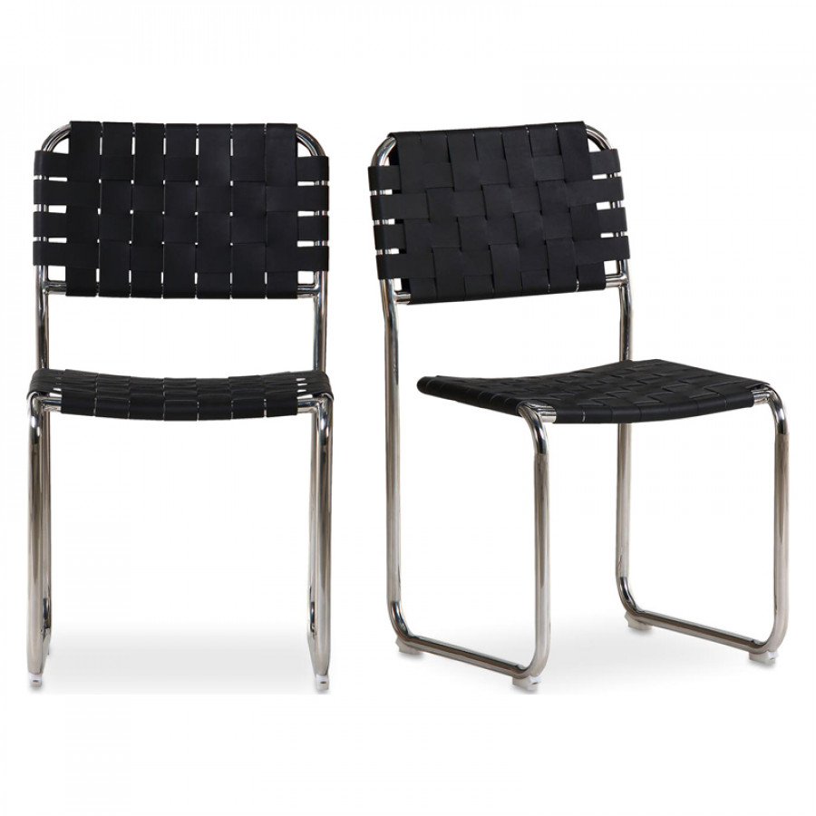 Moe's Moma Modern Dining Chair Set of 2 - Black Leather, Stainless Steel Frame
