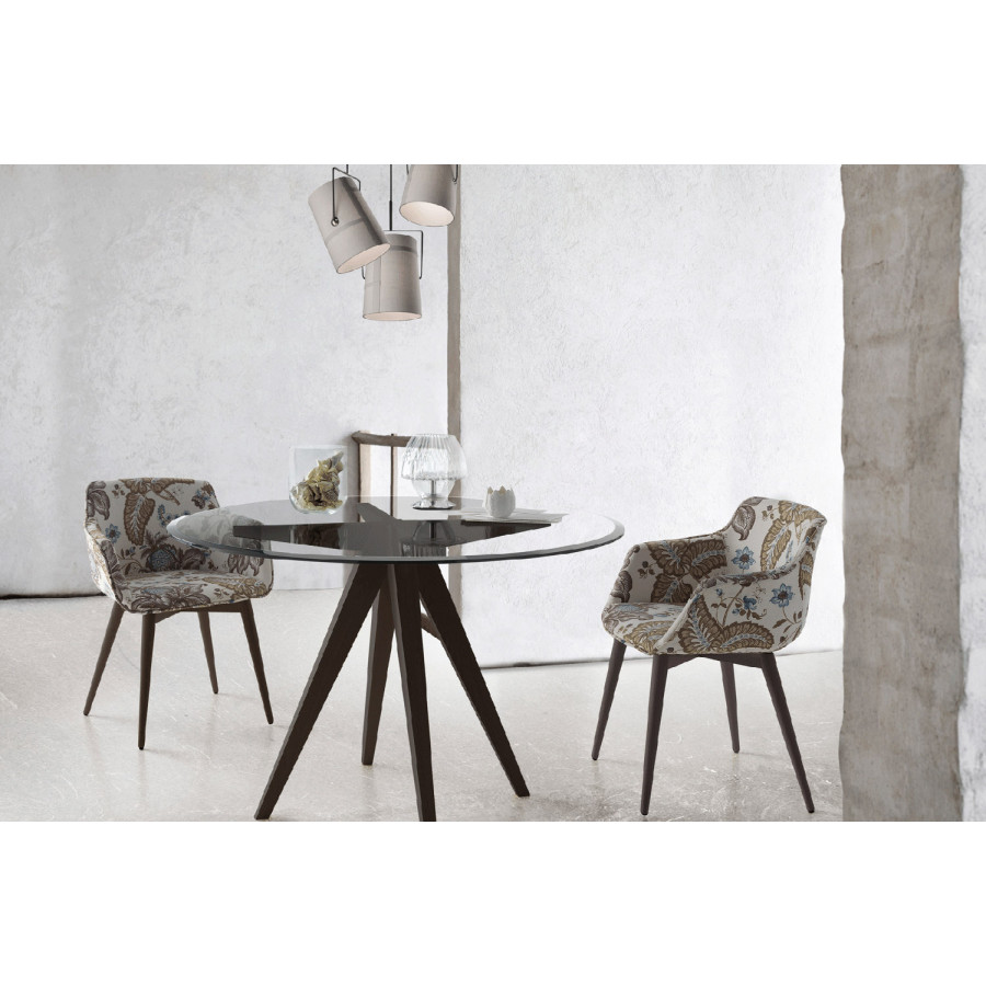 Nacher August Fixed Round Small Dining Table - Wood CH Legs, Glass Top