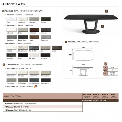 Nacher Antonella Fixed Rectangular Dining Table - MDF White CH Legs, Ceramic A Top