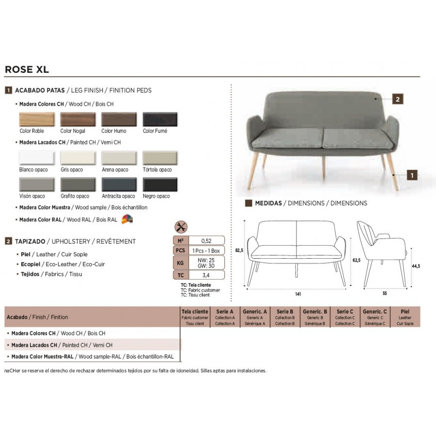 Nacher Rose XL Settee - Wood CH Legs, Series A Upholstery