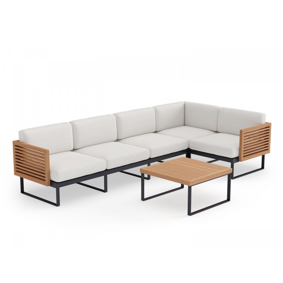 NewAge Monterey 5 Seater Sectional with Coffee Table - Canvas Natural, Aluminum, Teak