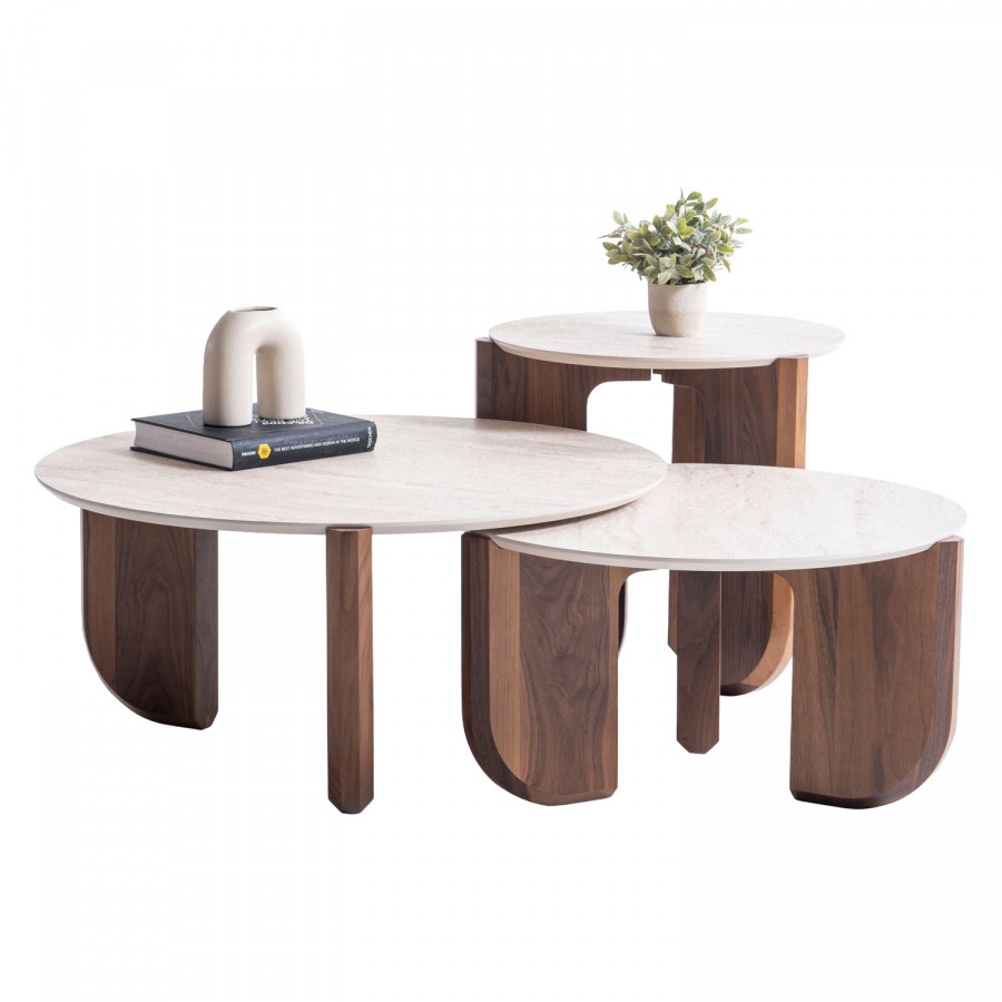 Nova 720 Walnut-Travertine 3 Pc Coffee Table Set