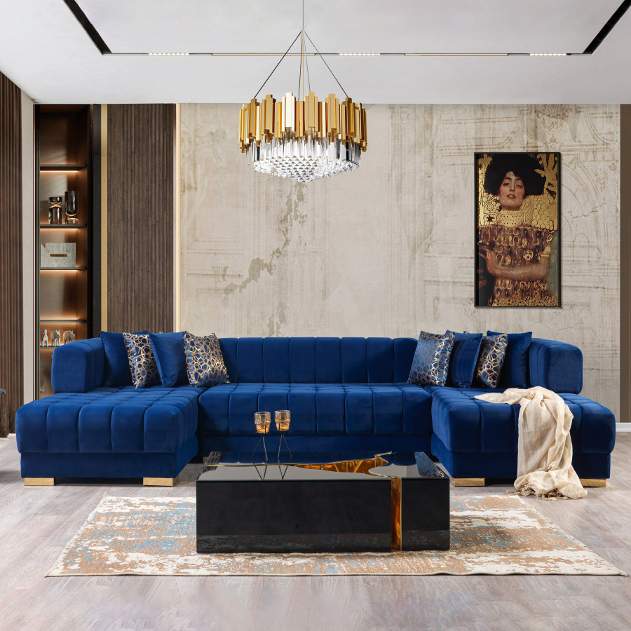 Nova Ariana Velvet Double Chaise Sectional - Blue