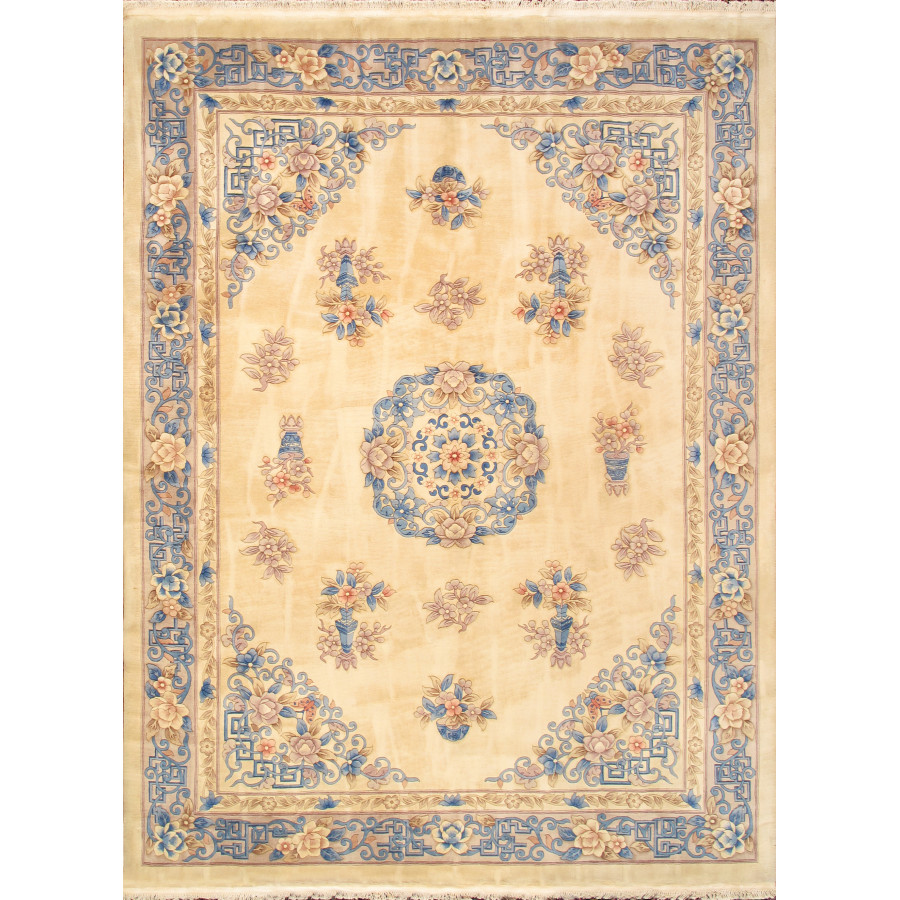 Pasargad - Art Deco Collection Hand-Knotted Wool Area Rug in Ivory/Blue, 106" x 142" (97895 9x12)