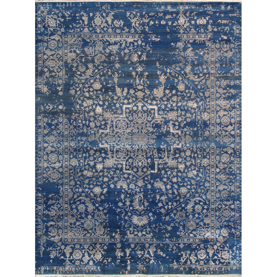 Pasargad - Transitional Collection Hand-Knotted Bamboo Silk/Wool Area Rug in Blue/Silver, 108" x 142" (pdc-757 9x12)