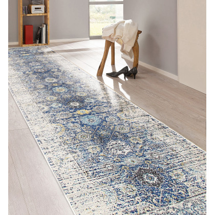 Pasargad Chelsea Collection Power-Loomed Polypropylene/Polyester Area Rug - Navy/Ivory, 32" x 120" (prc-5586n 2.08x10)