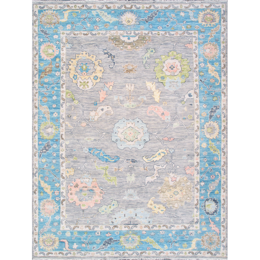 Pasargad - Oushak Collection Hand-Knotted Wool Area Rug in Silver/Turquoise, 110" x 146" (PRE-10098 9x12)