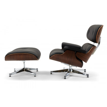 Pasargad Portfino Leather Lounge Chair with Ottoman - Black