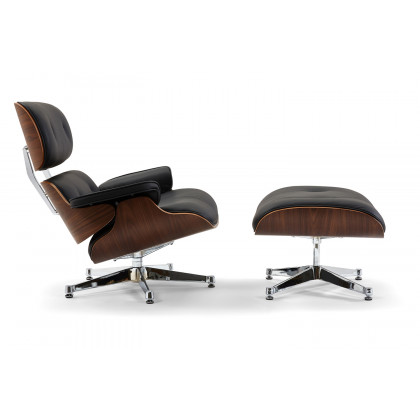 Pasargad Portfino Leather Lounge Chair with Ottoman - Black