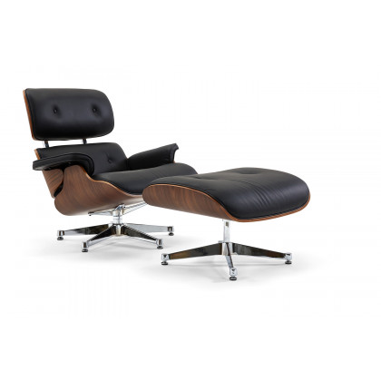Pasargad Portfino Leather Lounge Chair with Ottoman - Black