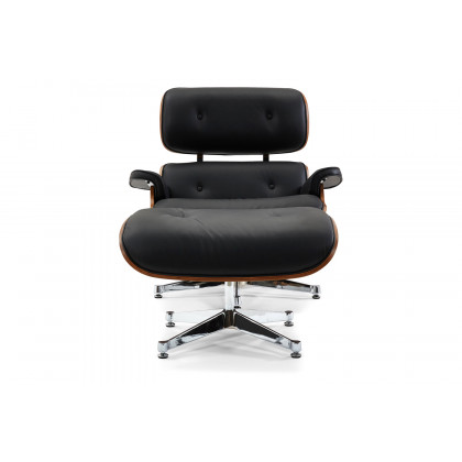 Pasargad Portfino Leather Lounge Chair with Ottoman - Black