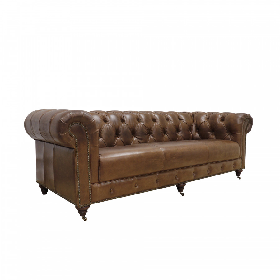 Pasargad - Chester Bay Tufted Chesterfield Sofa in Brown, Genuine Leather