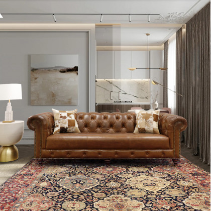 Pasargad - Chester Bay Tufted Chesterfield Sofa in Brown, Genuine Leather