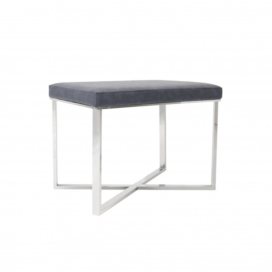Pasargad - Luxe Upholstered Stool in Gray/Chrome, Faux Leather