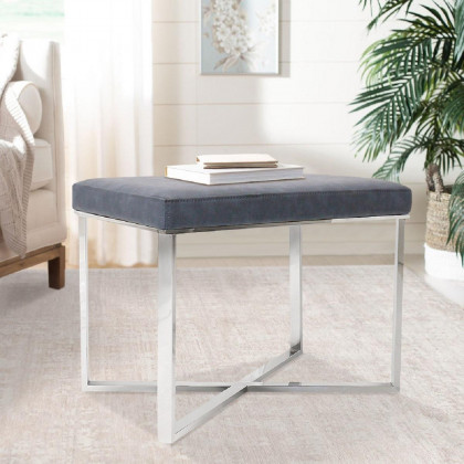 Pasargad - Luxe Upholstered Stool in Gray/Chrome, Faux Leather