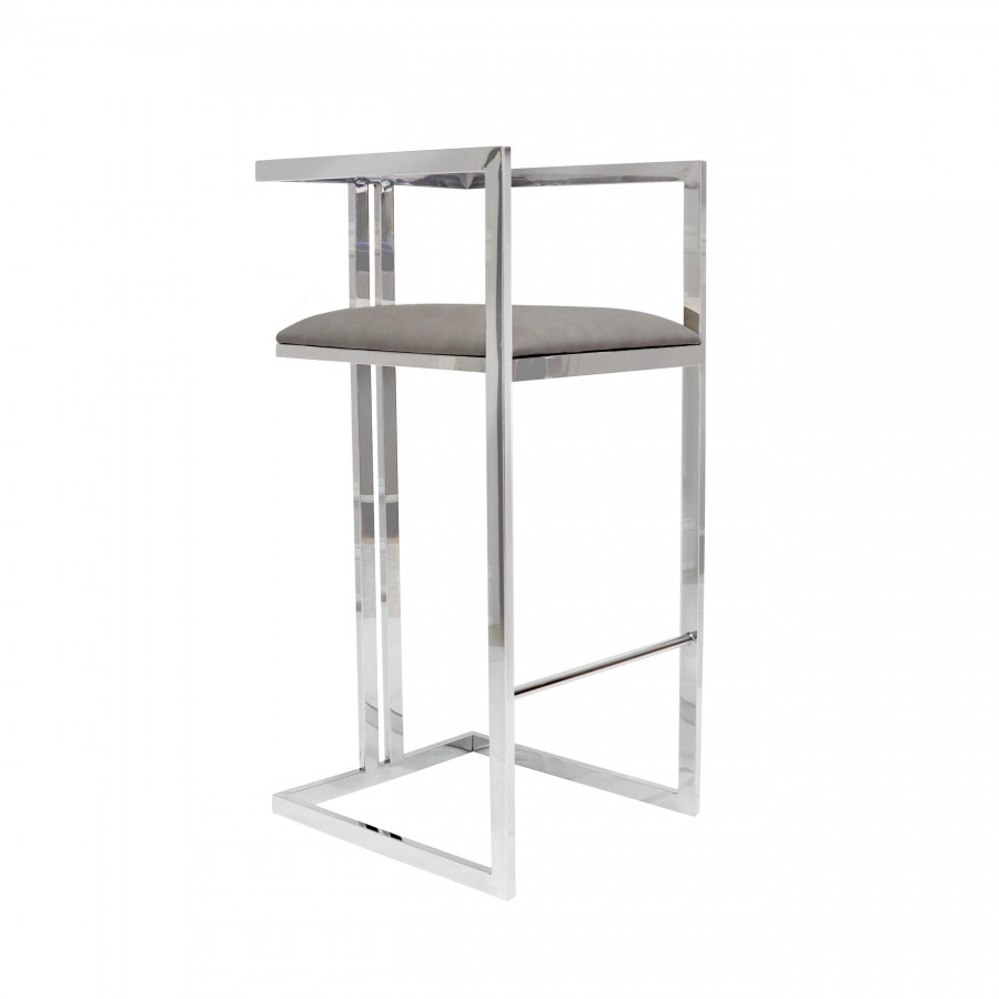 Pasargad - Luxe Upholstered Modern Bar Stool in Gray/Chrome, Faux Leather