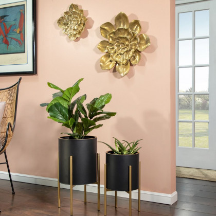 Sagebrook Planters On Metal Stand (Set Of 2) - Black/Gold